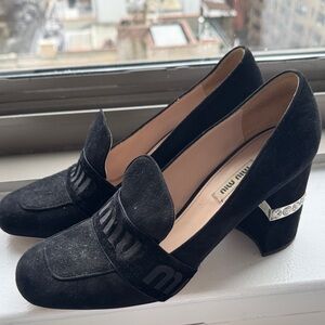 Miu Miu Black Suede Crystal-Accent Loafers
